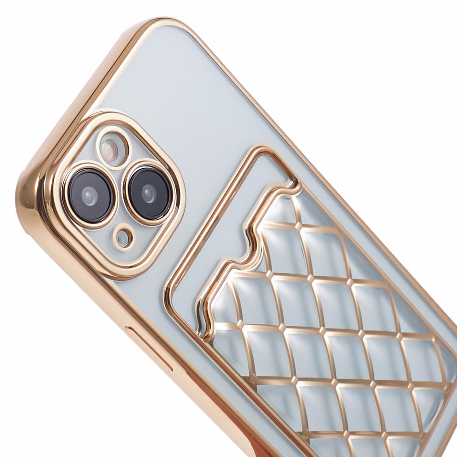 JJ Series For iPhone 15 Soft TPU Case Drop-proof Laser Carving Electroplated Card Slot Shell - Gold JJ Series For iPhone 15 Soft TPU Case Drop-proof Laser Carving Electroplated Card Slot Shell - Gold
